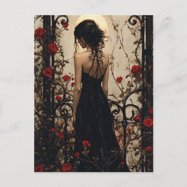 Gothic Woman in Black Dress Among Red Roses Postcard (Front)