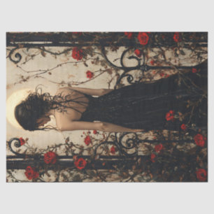Gothic Woman in Black Dress Among Red Roses Tissue Paper