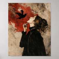Gothic Woman with Raven Dark Fantasy Wall Art