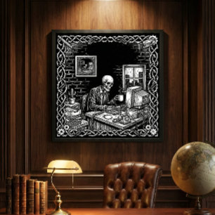 Gothic Woodcut Skeleton Office Burnout Dark Humor Canvas Print