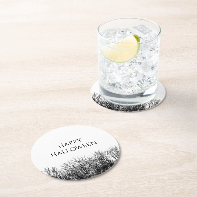 Gothic Woods Halloween Party Black White  Round Paper Coaster (Insitu)
