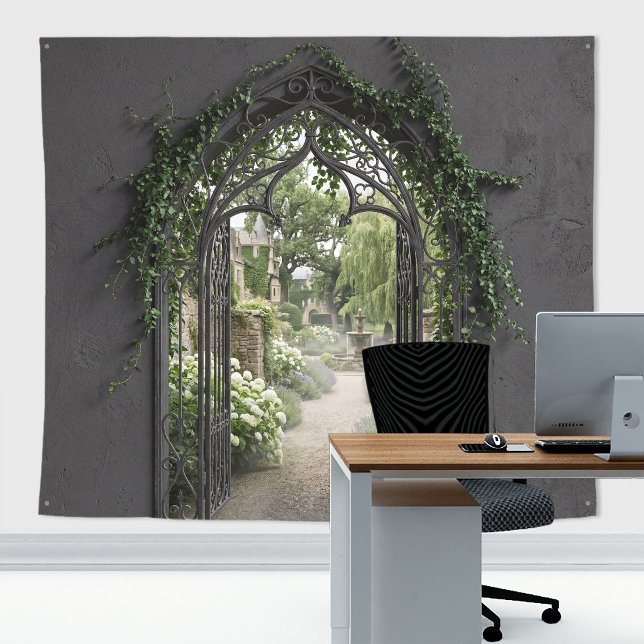 Gothic Wrought Iron Arch Secret Garden Backdrop Tapestry (Romantic Stone wall archway and garden tapestry decor for zoom meetings or gothic wedding backdrop.)