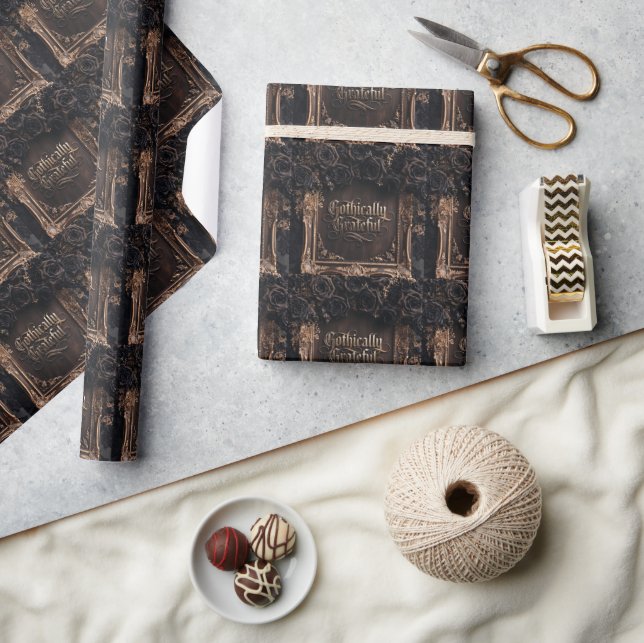 Gothically Grateful Typography with Dark Roses  Wrapping Paper (Crafts)