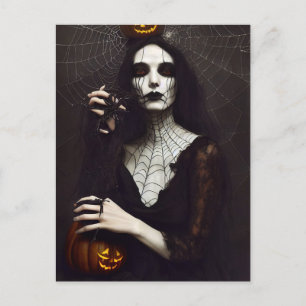 Gothik Hexe mit Spinneweben und Kürbis. Halloween Postcard