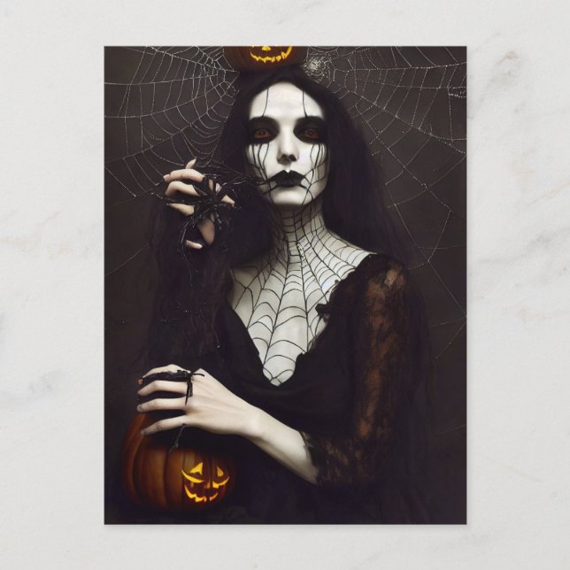 Gothik Hexe mit Spinneweben und Kürbis. Halloween Postcard (Front)