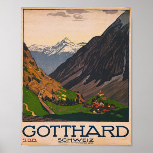 Gotthard Schweiz Vintage Travel Poster