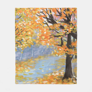 Gouache autumn landscape. Golden fall in an empty  Fleece Blanket