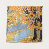 Gouache autumn landscape. Golden fall in an empty