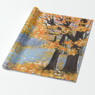 Gouache autumn landscape. Golden fall in an empty Wrapping Paper