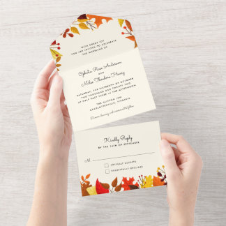 Gouache Autumn Leaves All in One Wedding Invite