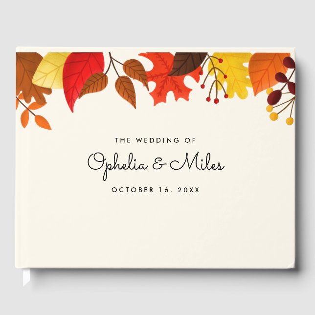 Gouache Autumn Leaves Fall Wedding Guest Book (Front)