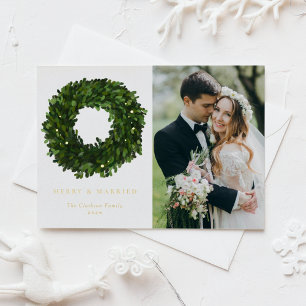 Gouache Boxwood Wreath Newlywed Christmas Photo Foil Holiday Postcard