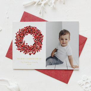 Gouache Red Winterberry Wreath Photo Christmas Foil Holiday Card