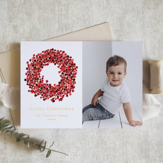 Gouache Red Winterberry Wreath Photo Christmas Foil Holiday Card (Creator Uploaded)