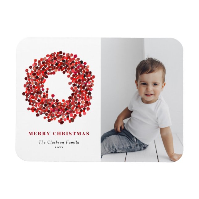Gouache Red Winterberry Wreath Photo Christmas Magnet (Horizontal)