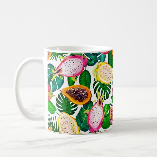 Gouache seamless pattern with tropic leaves and fr coffee mug (Left)