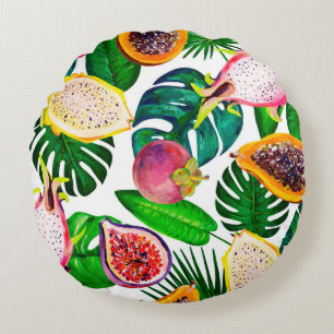 Gouache seamless pattern with tropic leaves and fr round cushion