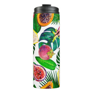Gouache seamless pattern with tropic leaves and fr thermal tumbler