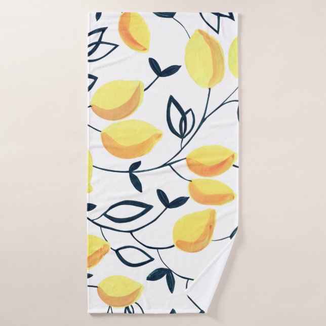 Gouache seamless pattern with yellow lemons and le bath towel (Bath Towel)