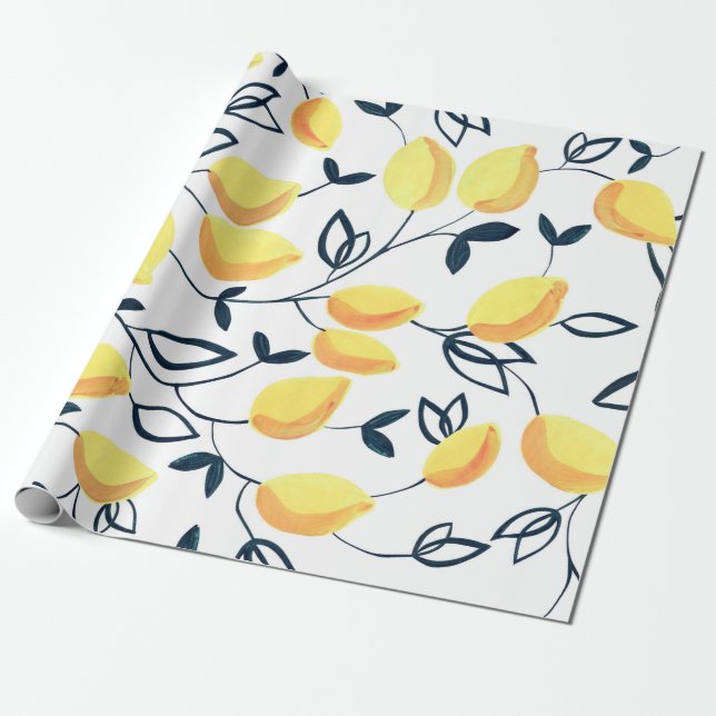 Gouache seamless pattern with yellow lemons and le wrapping paper (Unrolled)