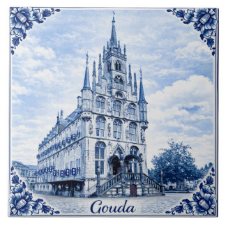 Gouda town hall Delft Blue style ceramic tile