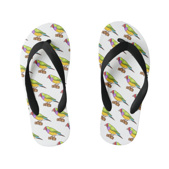 Gouldian finch bird cartoon illustration kid's flip flops (Footbed)