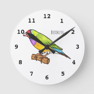Gouldian finch bird cartoon illustration round clock