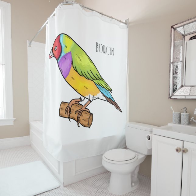 Gouldian finch bird cartoon illustration  shower curtain (In Situ)