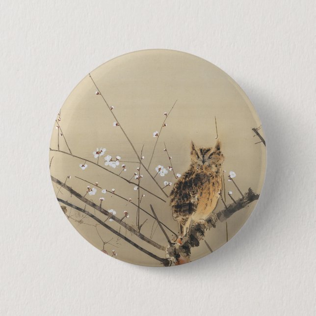 Goun's Owl and Early Plum Blossoms 6 Cm Round Badge (Front)