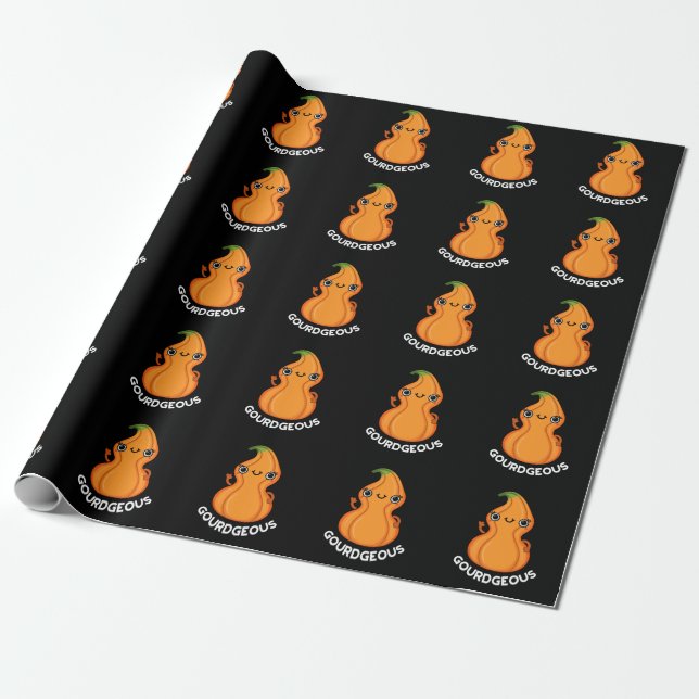 Gourd-geous Funny Gourd Veggie Pun Dark BG Wrapping Paper (Unrolled)
