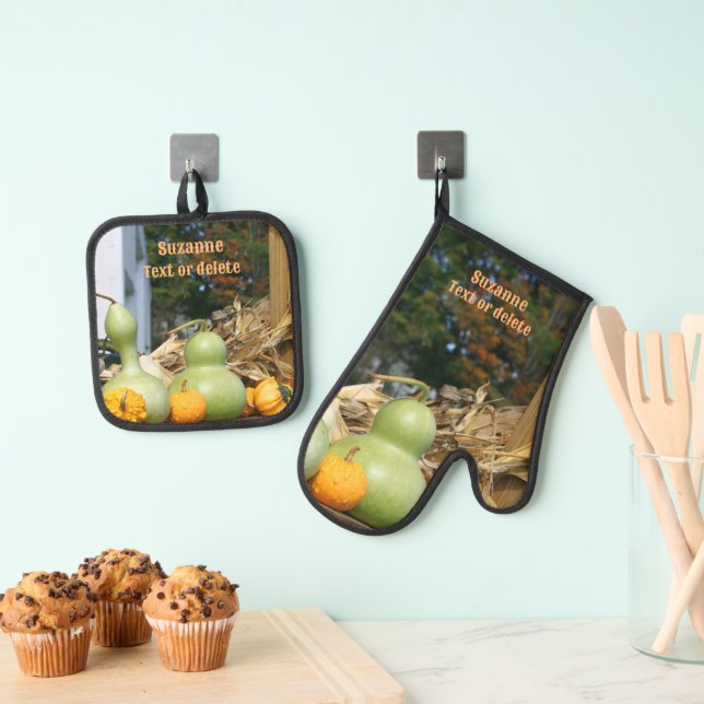 Gourds And Cornstalks Country Fall Personalised Oven Mitt & Pot Holder Set (Insitu(Hanging))