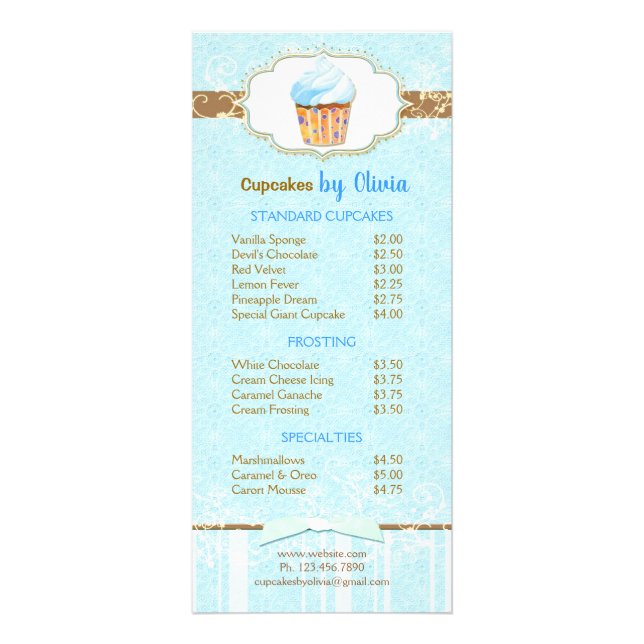Gourmet Bakery Cupcake Price List Rack Card (Front)
