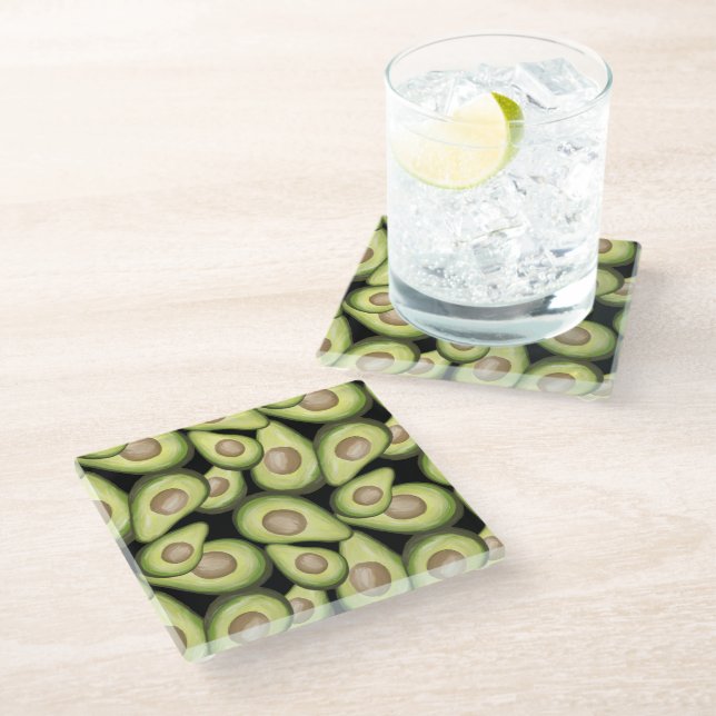 Gourmet Fresh Cut Vegan Avocado Pattern Glass Coaster (Angled)