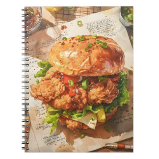 Gourmet Fried Chicken Burger Watercolor Recipe Notebook