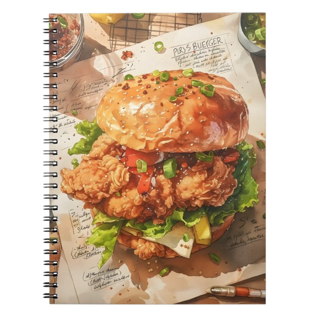 Gourmet Fried Chicken Burger Watercolor Recipe Notebook (Front)