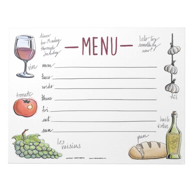 Gourmet Weekly Dinner Menu Sticky Notepad (Front)