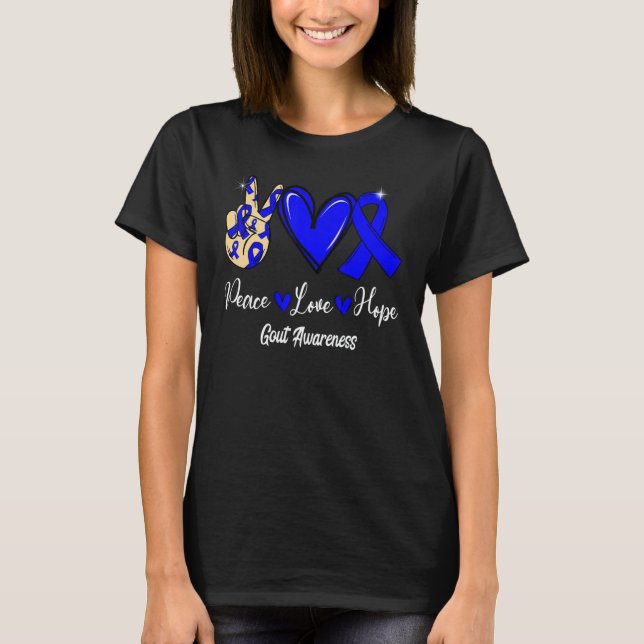 Gout Awareness Peace Love Hope Blue Ribbon T-Shirt (Front)