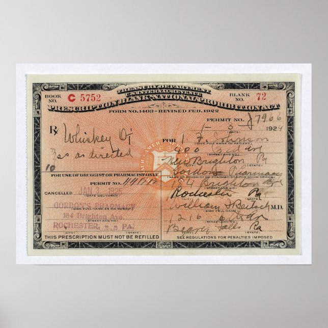 GOVERNMENT ISSUED PROHIBITION PRESCRIPTION 1924 POSTER (Front)