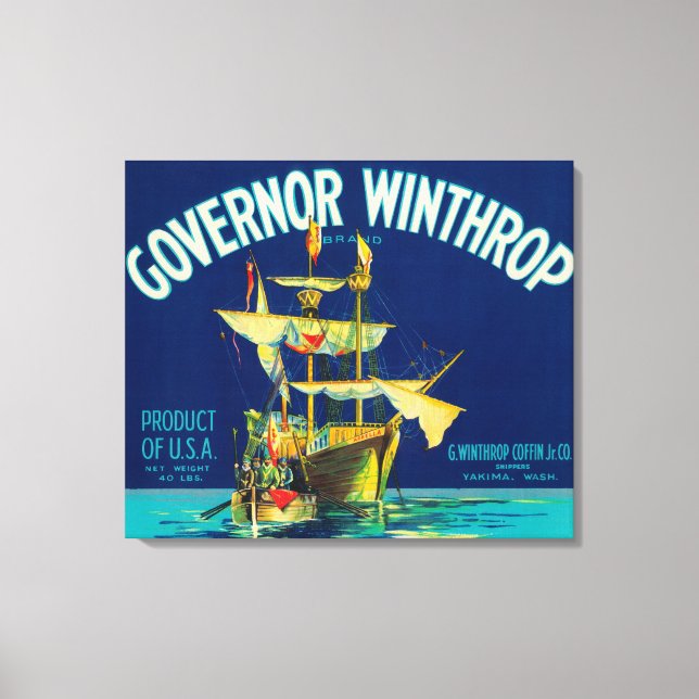 Governor Winthrop Apple Label (blue) - Yakima, W Canvas Print (Front)
