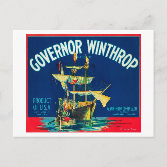 Governor Winthrop Apple Label (red) - Yakima, WA Postcard (Front)