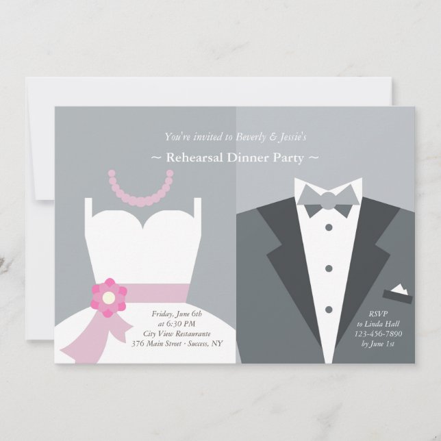 Gown and Tuxedo Grey Background Invitation (Front)