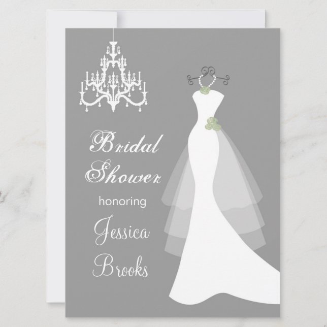 Gown, chandelier on grey Bridal Shower Invitation (Front)