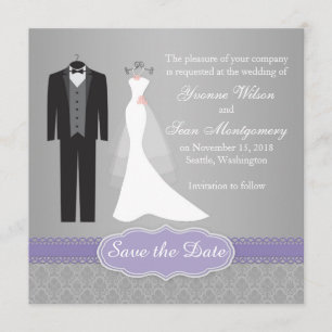 Gown, tuxedo on grey Save the Date Invitation