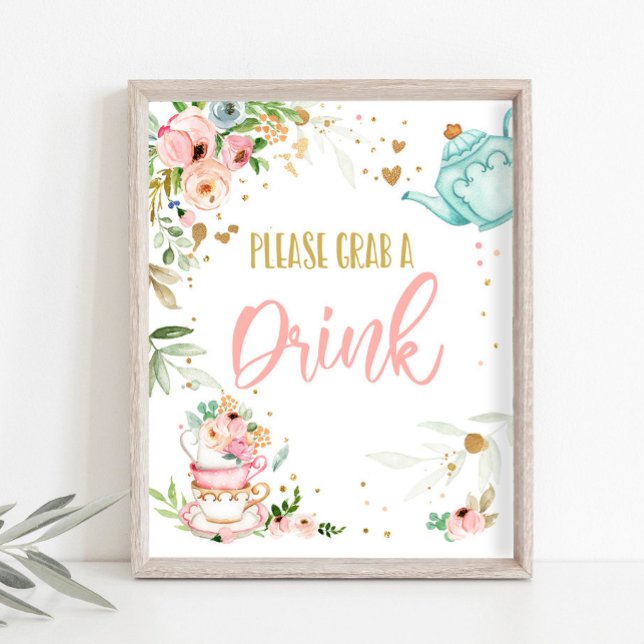 Grab a Drink Tea Party Baby Brewing Baby Shower Poster (Creator Uploaded)
