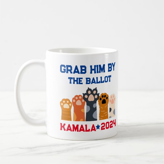 Grab Him by the Ballot Cat Lady Kamala Harris 2024 Coffee Mug (Left)