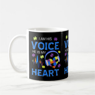 Grab this "I Am His Voice He Is My Heart Autism Aw Coffee Mug
