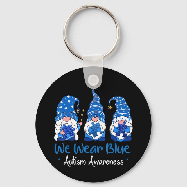 Grab This "Three Gnomes Holding Blue Puzzle Autism Key Ring (Front)