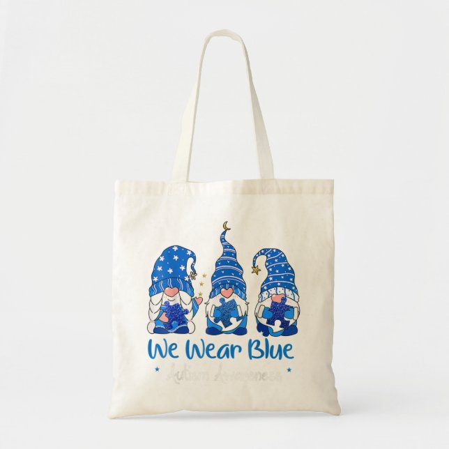 Grab This "Three Gnomes Holding Blue Puzzle Autism Tote Bag (Front)