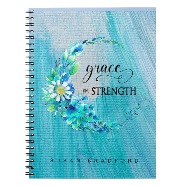 Grace and Strength Inspirational Blue Floral  Notebook (Front)