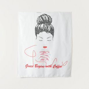 Grace Begins with Coffee Typography Tapestry
